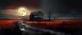 black panoramic picture, night house under the moon generated by AI, generative assistant