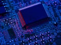 Desktop processor of a personal computer, laptop on the motherboard. Blue neon lighting. New technologies, engineering, Royalty Free Stock Photo