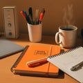A desktop scene includes a closed orange spiral notebook with a red elastic band and