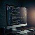 A desktop setup featuring a large monitor displaying code, possibly in a text editor or Royalty Free Stock Photo