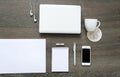 Desktop with tools - laptop, stationery and cup of coffee. Royalty Free Stock Photo