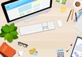 Desktop top view with different objects, vector illustration