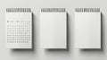 Desktop vertical paper calendar mockup on white background, front and side views. Agenda, almanac template. 3D modern