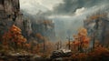 Ethereal Canyon: Post-apocalyptic Cliff In Fall Woods Royalty Free Stock Photo
