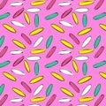 Desktop wallpaper, pattern on fabric, background. Donuts with icing and sprinkles, desserts, cakes. Confetti, pattern, colored gla