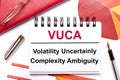 On the desktop is a white notebook with the text VUCA Volatility Uncertainly Complexity Ambiguity, a pen, burgundy and red tables