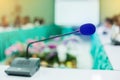 Desktop wireless Conference microphones with blurry business group in a meeting room, microphone on the desk in meeting room with