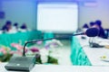 Desktop wireless Conference microphones with blurry business group in a meeting room, microphone on the desk in meeting room with