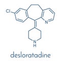 Desloratadine antihistamine drug molecule. Used to treat hay fever, urticaria and allergies. Skeletal formula.