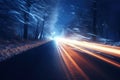 Desolate Blurry snow road middle night. Generate Ai