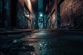 Desolate City Alley under Dim Lights. Gloomy urban decay with graffiti. Eerie night vibes. Generative AI