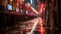 A desolate cityscape illuminated by a flurry of red lights reflecting off wet street below