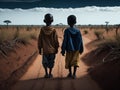 A desolate desert being braved by two poor African children