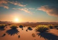 Desolate desert landscape with sun rays creating shadows across the sandy terrain, AI-generated. Royalty Free Stock Photo