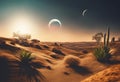 Desolate desert landscape with sun rays creating shadows across the sandy terrain, AI-generated. Royalty Free Stock Photo