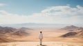 A desolate desert landscape with towering sand dunes and a lone figure standing on top of one of t