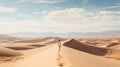 A desolate desert landscape with towering sand dunes and a lone figure standing on top of one of t