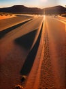 Desolate desert path with warm lighting.