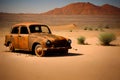 Arid desert with an abandon car with a rusty texture generated by ai