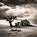 Desolate Elegance: Abandoned Old House in a Spooky Black-and-White Desert Landscape near Luderitz, Namibia