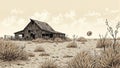 Desolate farmstead with dried landscape dilapidated barn and rolling tumbleweed Royalty Free Stock Photo