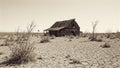 Desolate farmstead with dried landscape dilapidated barn and rolling tumbleweed Royalty Free Stock Photo