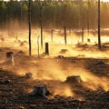 Desolate Forest After Deforestation, Sunlight on Dust Royalty Free Stock Photo