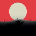 The Desolate Journey: A Minimalistic Illustration Of A Man Walking In The Shadow Of The Red Sun