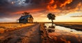 Desolate Landscape - Farm House on the Great Plains with Approaching Storm