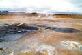 Geothermal field Namaskard, Iceland. Desolate landscape with mud volcano and hot steam. Royalty Free Stock Photo