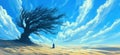 Desolate landscape with solitary tree and figure, vast sandy terrain, dramatic clouds, blue sky Royalty Free Stock Photo