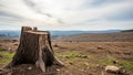 Desolate landscape with tree stump in a clear-cut area under cloudy sky, hills in background Royalty Free Stock Photo