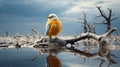 Desolate Landscapes: A Bird\'s Reflection On A Dead Tree Stump