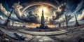 A desolate launch complex silhouetted rockets and derelict structures under a dramatic, cloudy sky. Generative AI Royalty Free Stock Photo