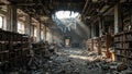Desolate library with charred books fallen shelves and sunlight through the damaged roof Royalty Free Stock Photo