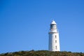 Lighthouse stands against a stark blue sky with no clouds