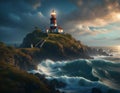 Desolate lighthouse on the cliff over sea illuminated at night. Dramatic AI generated landscape. Digital illustration