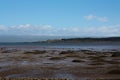 Desolate, muddy beach with a distant lighthouse