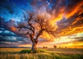 A Desolate TShaped Tree Silhouetted Against a Dramatic Sky A Withered Field Landscape in AIGenerated Art Royalty Free Stock Photo