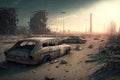 a desolate wasteland with abandoned cars and broken buildings, destroyed by a natural disaster