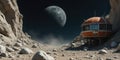 Futuristic asteroid outpost with rusted dome observatory amid rocky canyon and distant planet Royalty Free Stock Photo