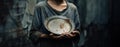 a sad orphan child holding a empty plate. hungry boy. poverty and hunger concept. beggar, begging.