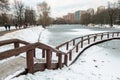 Desolated pensive frozen pond in city park on a cloudy winter day.