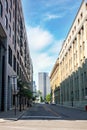 Desolated street and historical corporate buildings in downtown of Montreal, Quebec, Canada