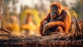 Desolation caused by deforestation, orangutan sits on felled tree. Generative AI