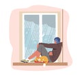 Despair, Frustration, Life Problems Concept. Young Depressed Upset Desperate Man Sit on Windowsill Look on Rain Royalty Free Stock Photo