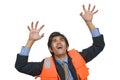 Desperate banker in life jacket Royalty Free Stock Photo