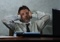 Desperate financial executive man in stress - corporate business lifestyle portrait of stressed and overwhelmed businessman Royalty Free Stock Photo