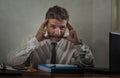 Desperate financial executive man in stress - corporate business lifestyle portrait of stressed and overwhelmed businessman Royalty Free Stock Photo