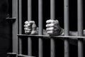 Desperate hands clutching jail cell bars in black and white dramatic image. Royalty Free Stock Photo